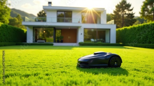 Automated Lawn Care Modern Robotic Mower on Lush Green Grass in Front of a Sleek Contemporary Home at Sunset
