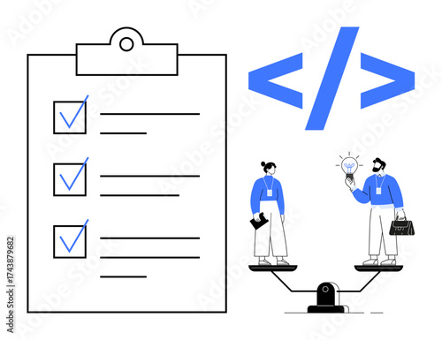 Large checklist with tasks, coding symbols, two people on balance with ideas, data tools. Ideal for planning, leadership, innovation, collaboration, coding decision-making equality in teamwork