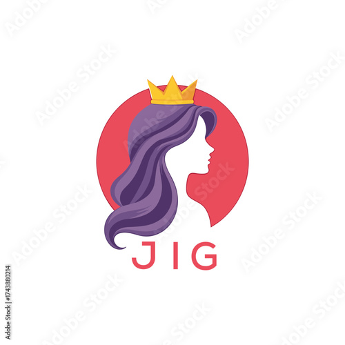 JIG Modern Beauty Queen Logo. JIG Design with Crown and Elegant Woman Silhouette. JIG Feminine Luxury Brand.
