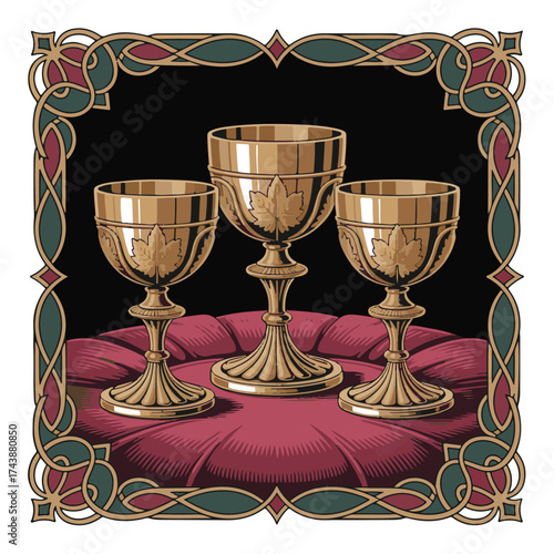 Three ornate golden chalices arranged on a plush crimson cushion within an intricate stained glass border