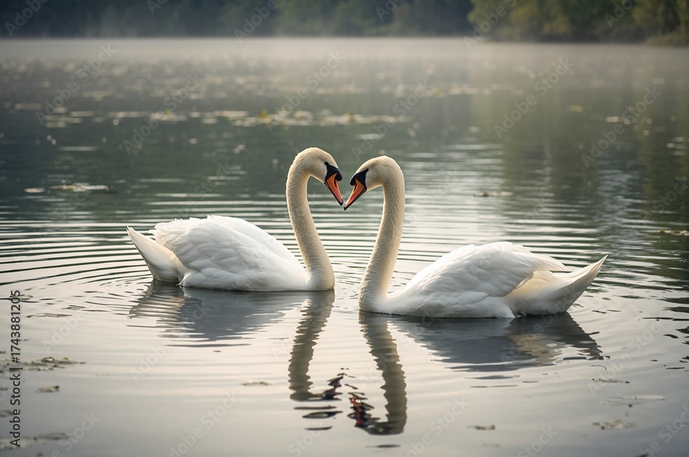 Fototapeta premium Elegant white swans gliding across the lake
