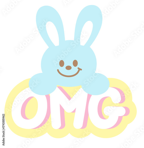 Cute OMG sale icon with bunny for online shopping, promotion, sticker, banner, discount, web button, campaign badge, brochure, price tag, animal, pet shop, vet, rabbit cartoon, ads, happy easter