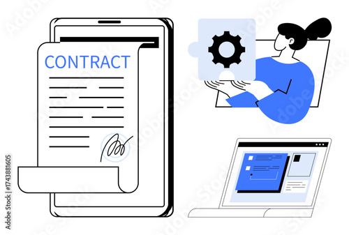 Contract document on a digital tablet, woman holding gear puzzle piece, laptop displaying files. Ideal for digital agreements, teamwork, innovation, problem-solving, technology, remote work
