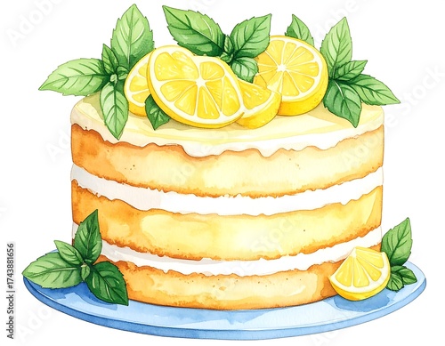 Watercolor Illustration of a Lemon Cake with Mint Garnish