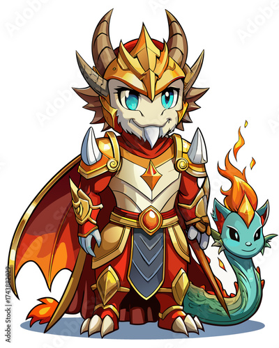 Dragon knight, cute God, real print Style, Full body, white background