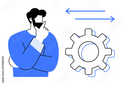 Man thinking with hand on chin and gear alongside arrows indicating analysis, choices, and progress. Ideal for strategy, innovation, planning, problem-solving, workflow optimization, technology