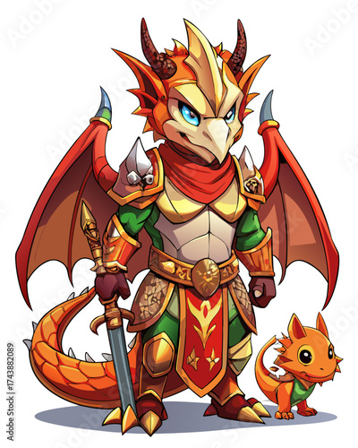Dragon knight, cute God, real print Style, Full body, white background