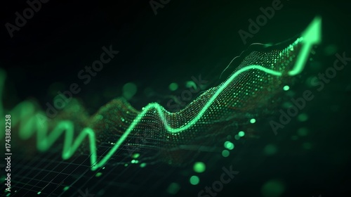 A green neon line with arrow points fluctuates upward on a dark grid background,