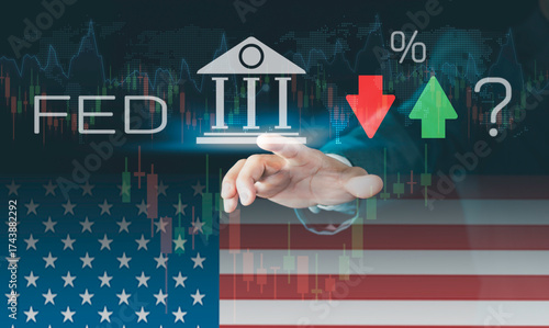 Federal Reserve economy and business concept showing interest rate rise and fall policy. Visual of percentage change, financial strategy, global economic impact controlled by Fed monetary decisions.