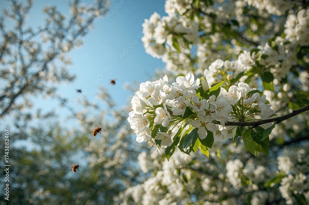 Obraz premium Bees Buzzing Among Blossoming Trees in Early Spring