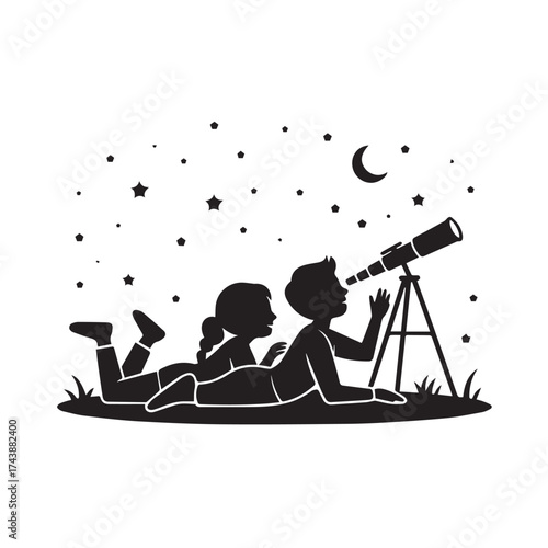 Two children silhouetted against a starry night sky looking through a telescope at the moon and stars