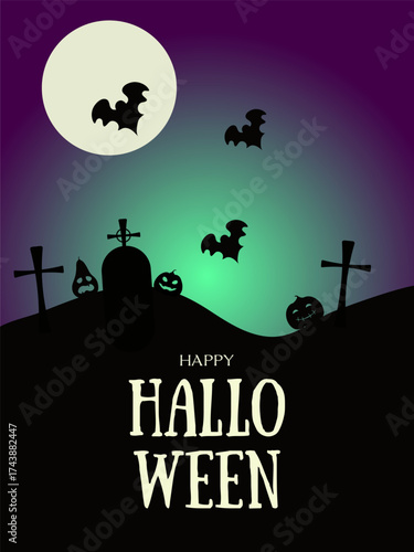 Vector Halloween card with pumpkins, bats, and spooky night graveyard. Dark sky, full moon, tombstones, and eerie festive atmosphere.