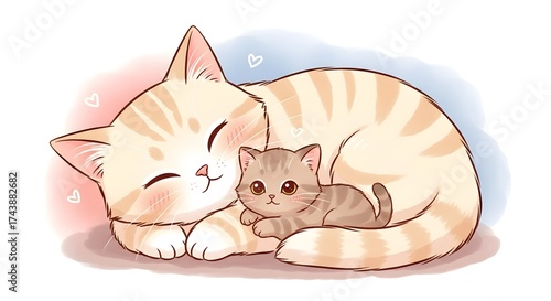 Cute cartoon cat and kitten cuddling with hearts