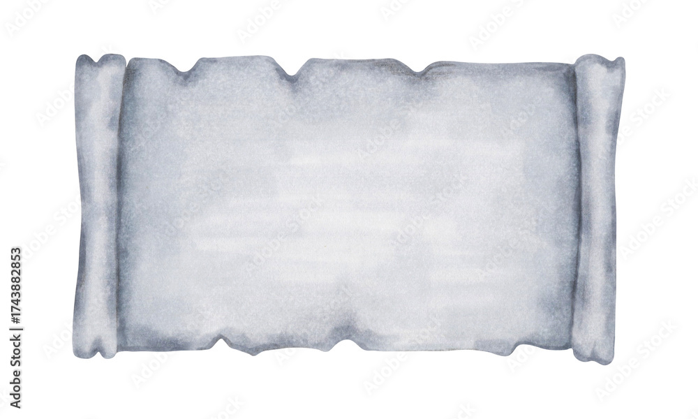 Obraz premium A gray rolled scroll with soft edges. Watercolor illustration. Hand drawn isolated background. Retro invitation paper with fairytale motifs. Old parchment for lettering and childrens designs
