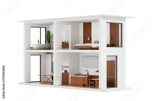 Minimalist two-story apartment cutaway showing kitchen, bedroom, bathroom, and laundry space in modern style, isolated on white background. 3D Rendering