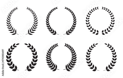 A set of six black laurel wreath designs, symbolizing honor and achievement, in various circular formations.