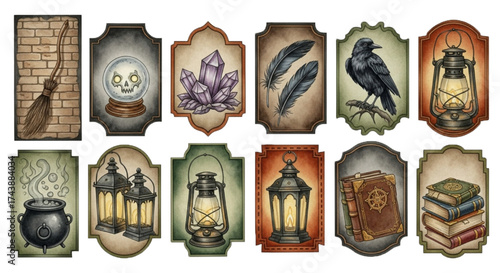 Witch’s Alchemy – vintage gothic Halloween watercolor label collection featuring mystical potions, eerie elegance, dark artistry, perfect for junk journals and crafts