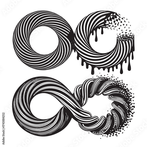 Two stylized infinity symbols one dissolving into dots and drips the other with a textured rope like appearance