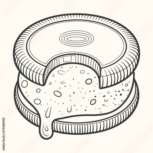Vector art of a delicious looking cookie sandwich with a bite taken out, showing the creamy filling oozing out, isolated on a light cream background