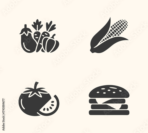 Vector art of collection of four simple black icons representing food items a pile of vegetables, an ear of corn, a tomato, and a hamburger, isolated on a light cream background