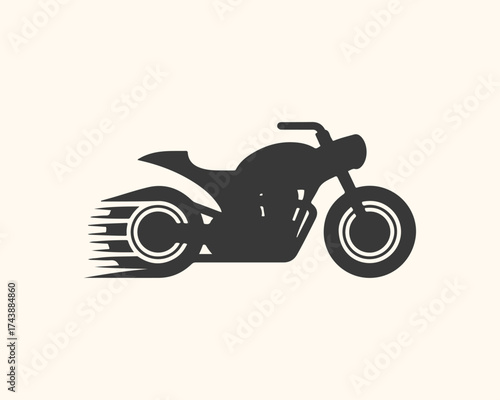 Vector art of silhouette of a black motorcycle with motion blur effect on its rear wheel, isolated on a light beige background