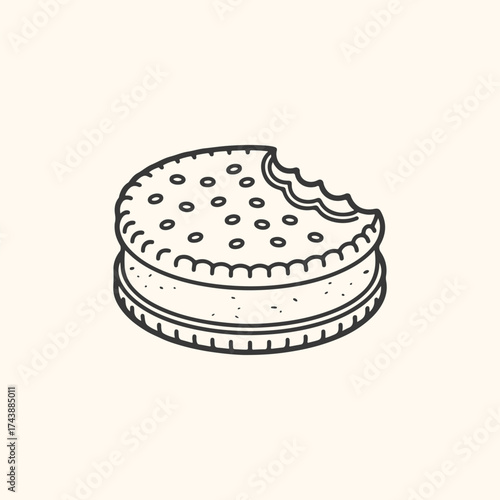 Vector art of handdrawn illustration of a creamfilled sandwich cookie with a bite taken out, isolated on a light cream background, simple doodle style