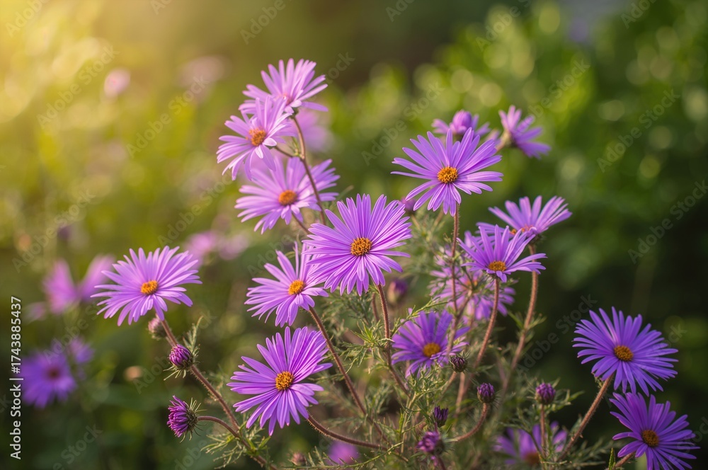 Fototapeta premium Bright violet aster blooms in a lush garden - festive summer theme - card artwork