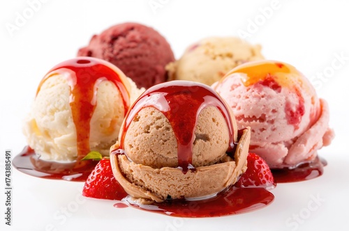 Scoops of vanilla, chocolate, and strawberry ice cream topped with sauce, sorbet, syrup, and sherbet on a white backdrop