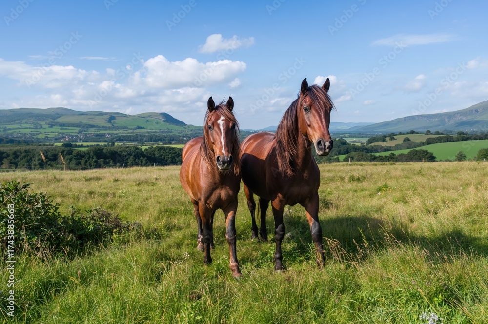 Obraz premium A Pair of Horses in a Countryside Pasture