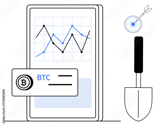 Mobile screen with Bitcoin analytics, upward financial chart, a target with an arrow, and a shovel. Ideal for cryptocurrency, finance, mining, investment, digital banking blockchain simple flat
