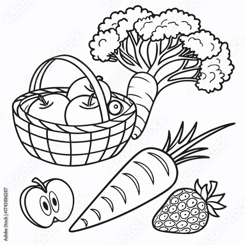 Kids Coloring Page – Fruits and Vegetables Illustration