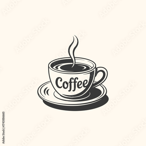 Vector art of a steaming cup of coffee with the word coffee written on it, served on a saucer, isolated on a light cream background