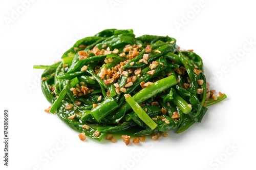 Stir-fried water spinach with minced garlic in a traditional Asian style