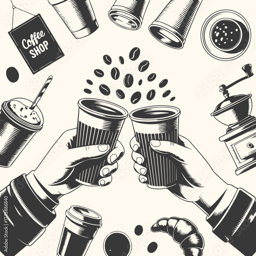 Vector art of two hands holding coffee cups in a toast, surrounded by coffee beans, cups, a croissant, and a coffee grinder, isolated on a cream background