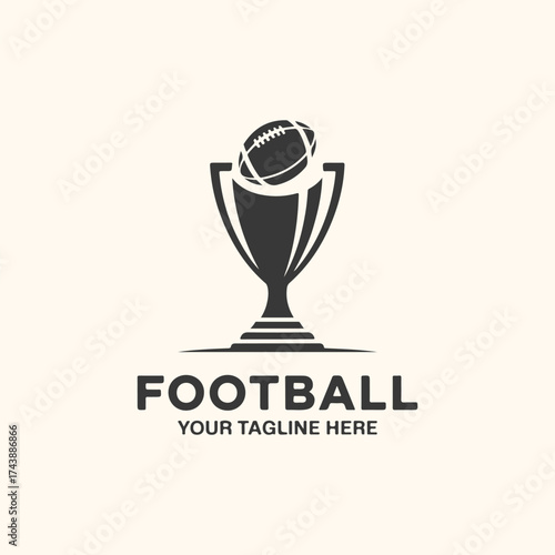 Vector art of black silhouette of a football trophy with a football on top, representing victory and achievement in the sport, isolated on a light cream background