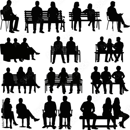 solated a kinds of deferent Sitting people silhouette Vector collection in PNG with black silhouettes of men and women and teenagers sitting on bench or chair business group in profile view vector art