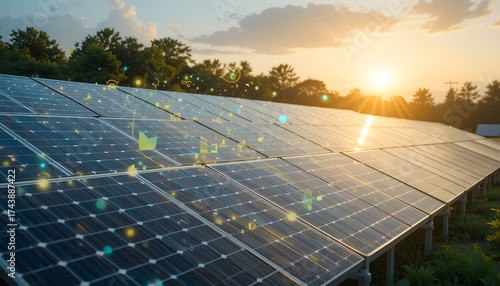 Hybrid AI artwork of solar panels and glowing holographic eco arrows forming a circular sustainability symbol, futuristic renewable concept.