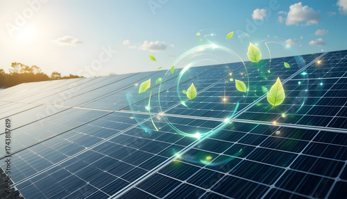 Eco-friendly solar array under sunlight with holographic floating green energy icons, futuristic clean energy visualization, no people.