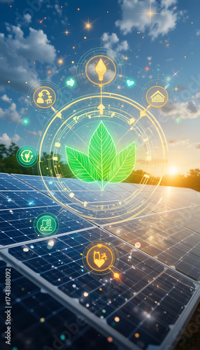 Clean energy concept with realistic solar panels and holographic eco circle symbols, glowing arrows representing sustainable power flow.