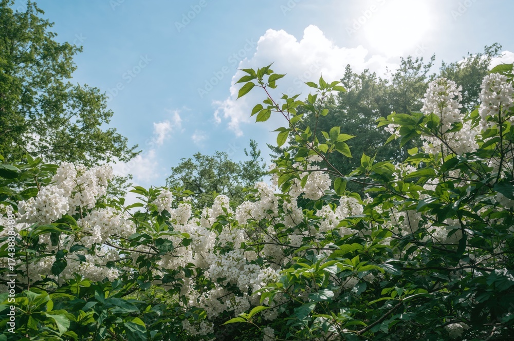 Fototapeta premium White blossoms flourish in lush greenery beneath the bright sun and clear sky
