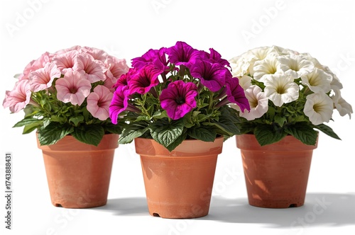 Wallpaper Mural Three potted petunia flowers set against a plain white backdrop Torontodigital.ca