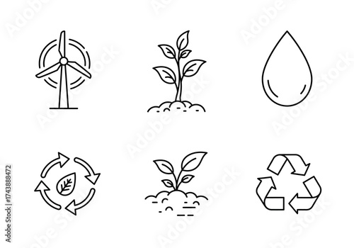 Environmental icons featuring wind turbine plants water drop and recycle symbols