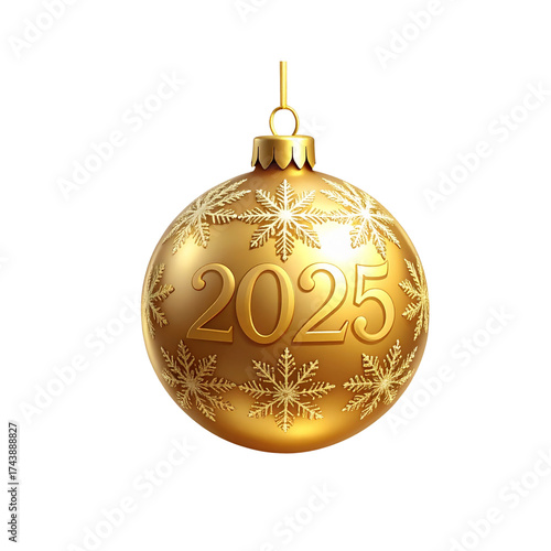  Golden 2025 Christmas Ornament with Sparkling Snowflakes, isolated on transparent background