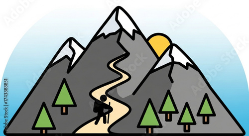 Illustration of a mountain landscape with a hiker, symbolizes adventure, nature, challenge, and the pursuit of goals