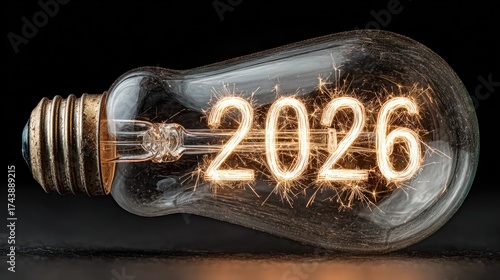 Light bulb featuring glowing numbers 2026, symbolizing innovation and creativity, with a dark background enhancing the luminous effect and visual impact
