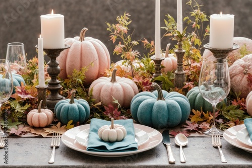 Autumn-themed dining table set with decorative pumpkins, candles, and colorful foliage, creating a warm and inviting atmosphere for seasonal gatherings