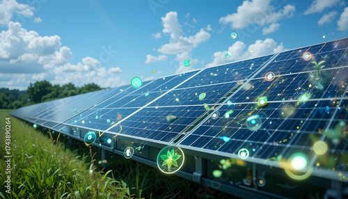 Modern solar field with floating holographic eco symbols and vector leaves overlay, clean renewable energy illustration blended with realism.