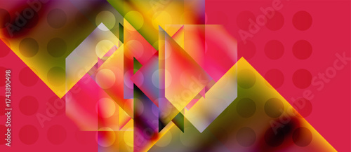 Abstract geometric composition. Vibrant colors blend, creating dynamic shapes. Pink background features subtle circles. Modern design.