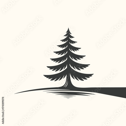Vector art of silhouette of a coniferous tree on a gentle slope with a shadow cast to the right, against a plain background