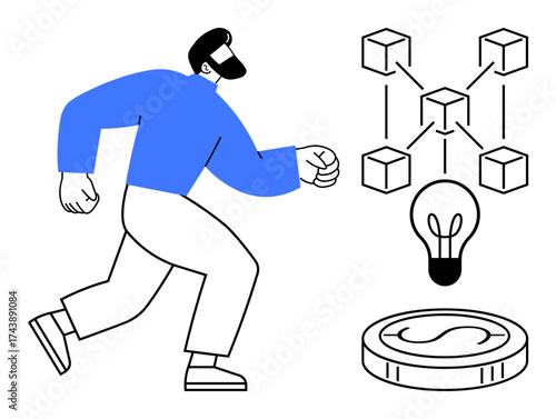 Person moving toward interconnected cubes, lightbulb, and coin symbolizing blockchain, creativity, and financial goals. Ideal for innovation, finance, teamwork, technology growth blockchain simple